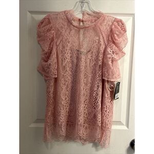 Savanna Jane Size L Pink Lace Blouse High‎ Neck Puff Shoulder Long Sleeve NWT